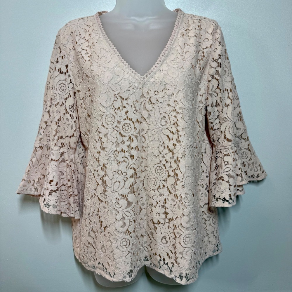 Loft Outlet Desert Sand Floral Lace Blouse M Bell Sleeve Romantic Boho Cottage
